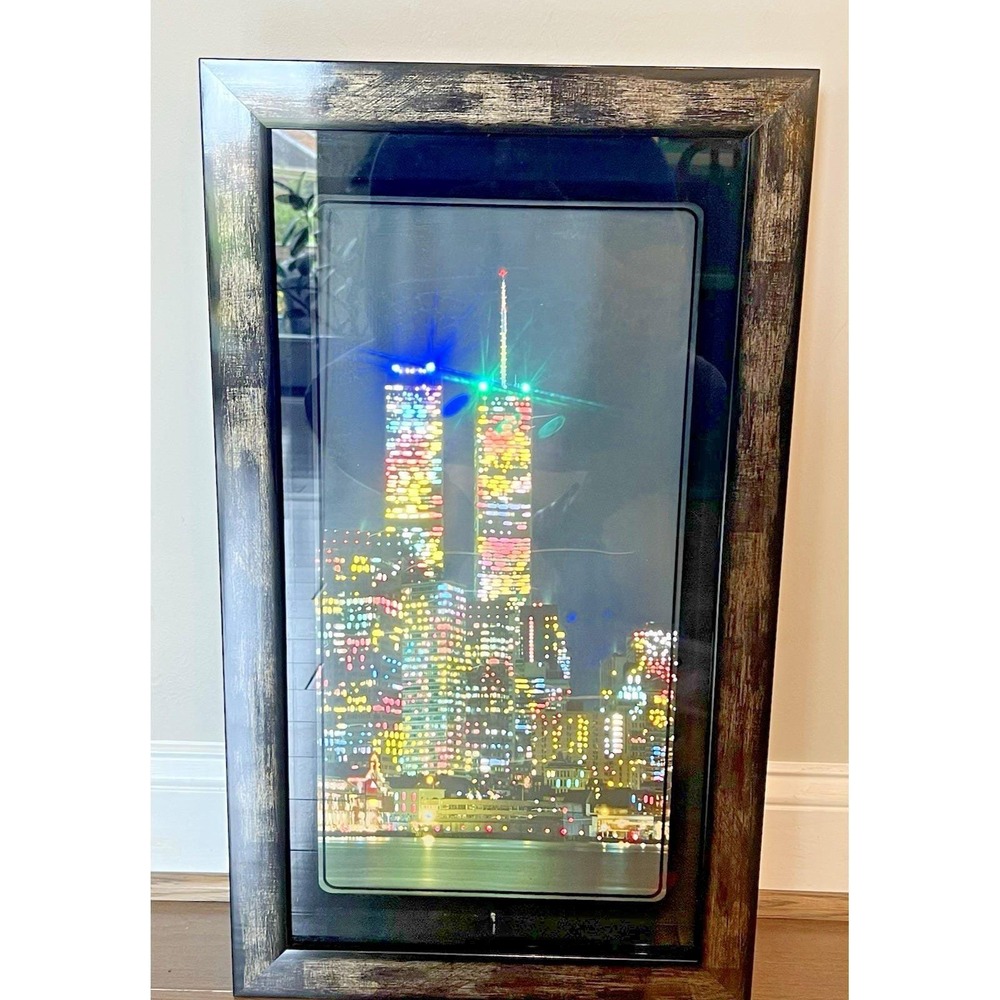 VTG 1970s Electric Art Light-Up NYC Skyline Twin Towers Italian Wood Frame